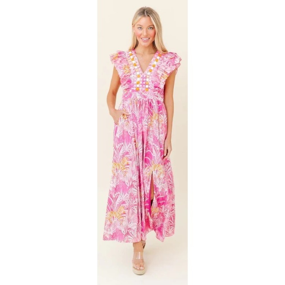 New Sheridan‎ French Stacey Maxi Pink Zebra Dress medallion flutter sleeve XL